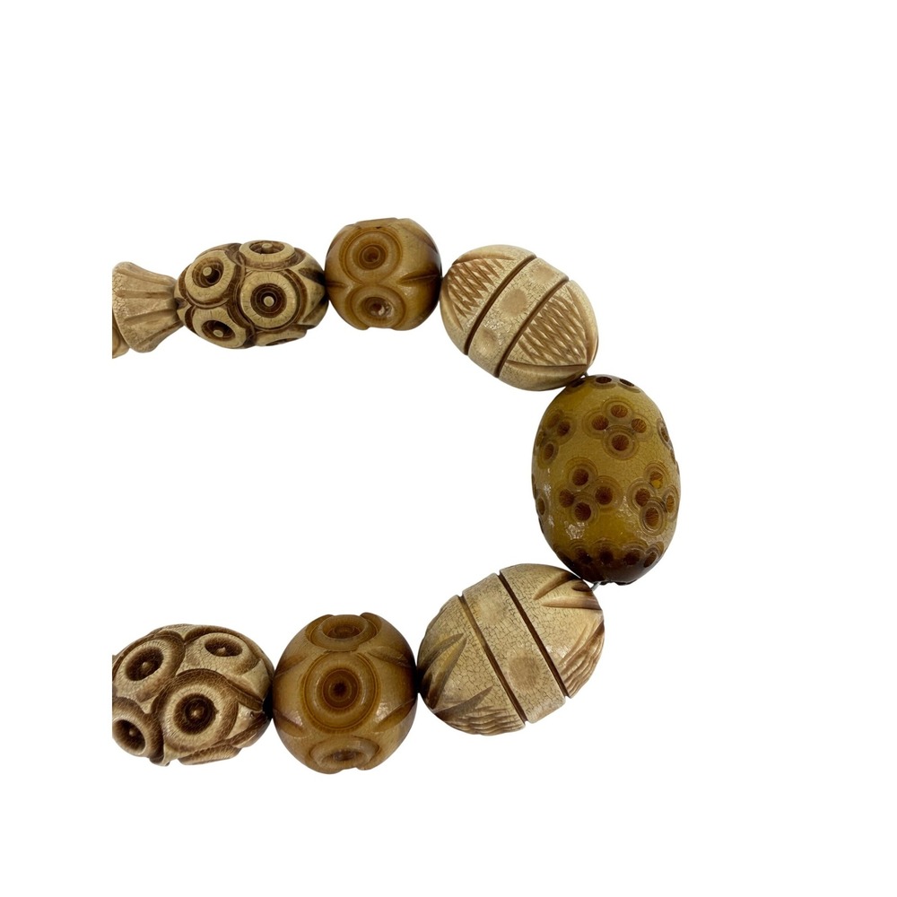 Vintage Hand Carved Beaded Necklace‎ Brown Tan Earthy Boho Statement - Picture 4 of 6